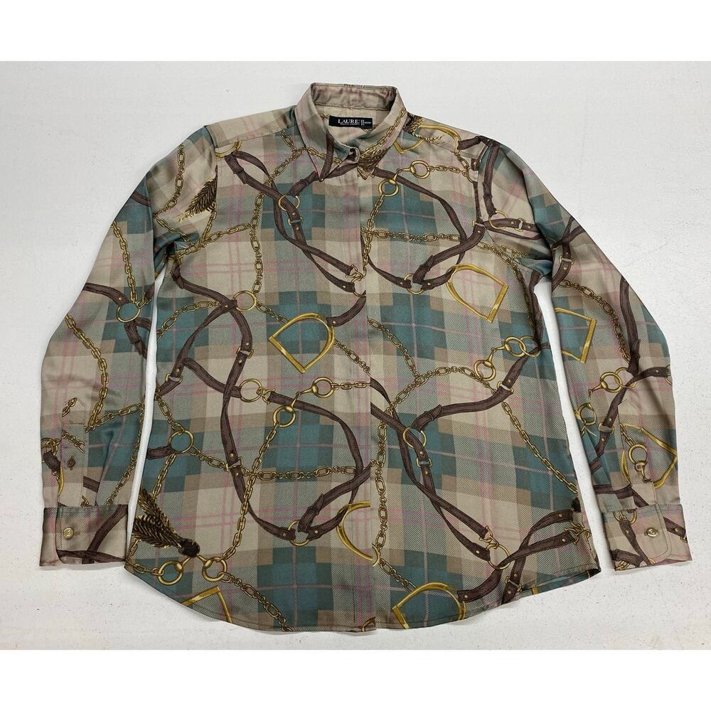 Women Lauren Ralph Lauren equestrian horsebit all over graphic button blouse top